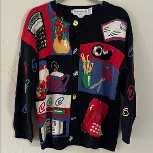 Black Knit Speciality Print Embroidered Workday Teacher Cardigan Sweater RARE